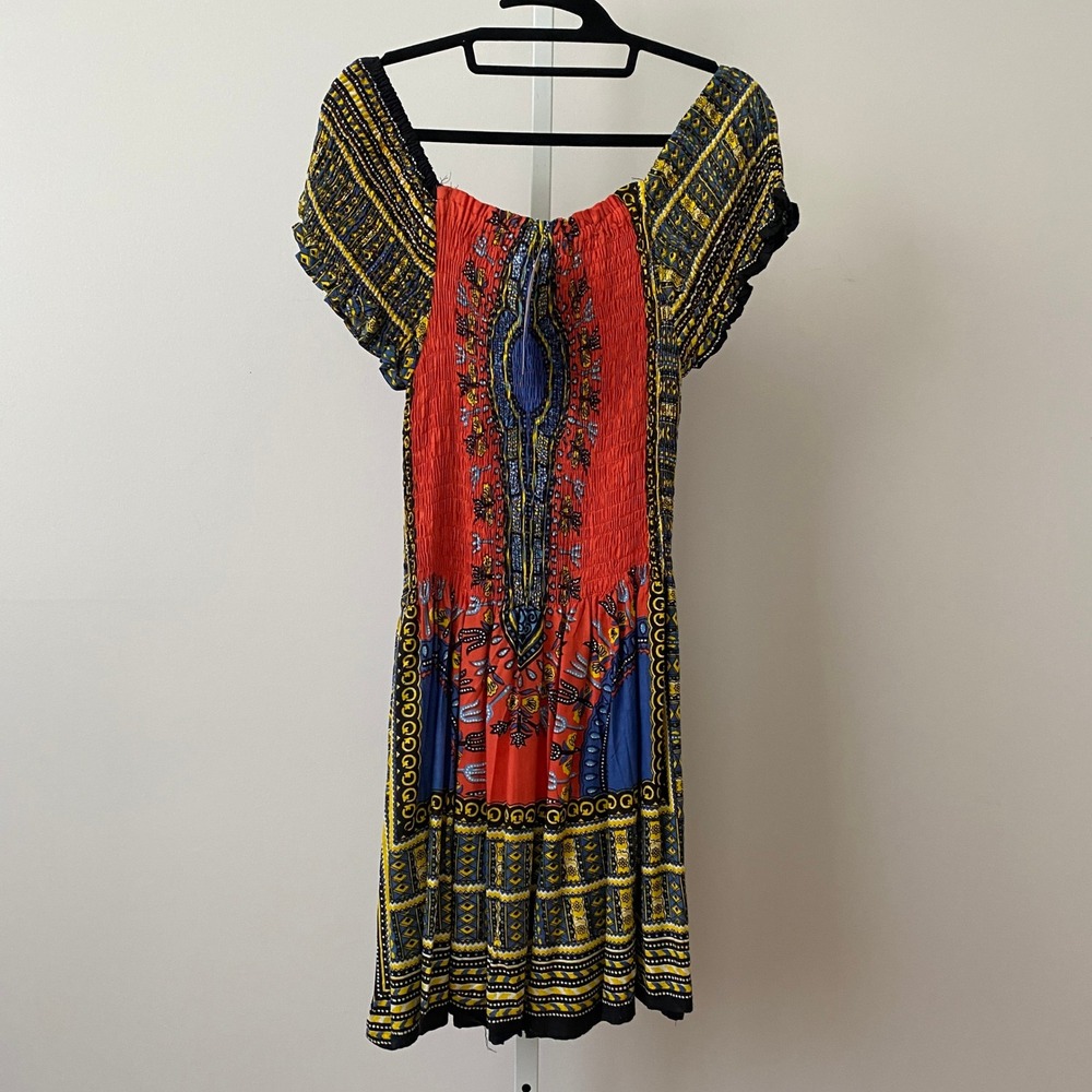 Mamta Boho Beachy Relaxed Lagenlook Smocked Dashiki Print Dress 2X Red Multi